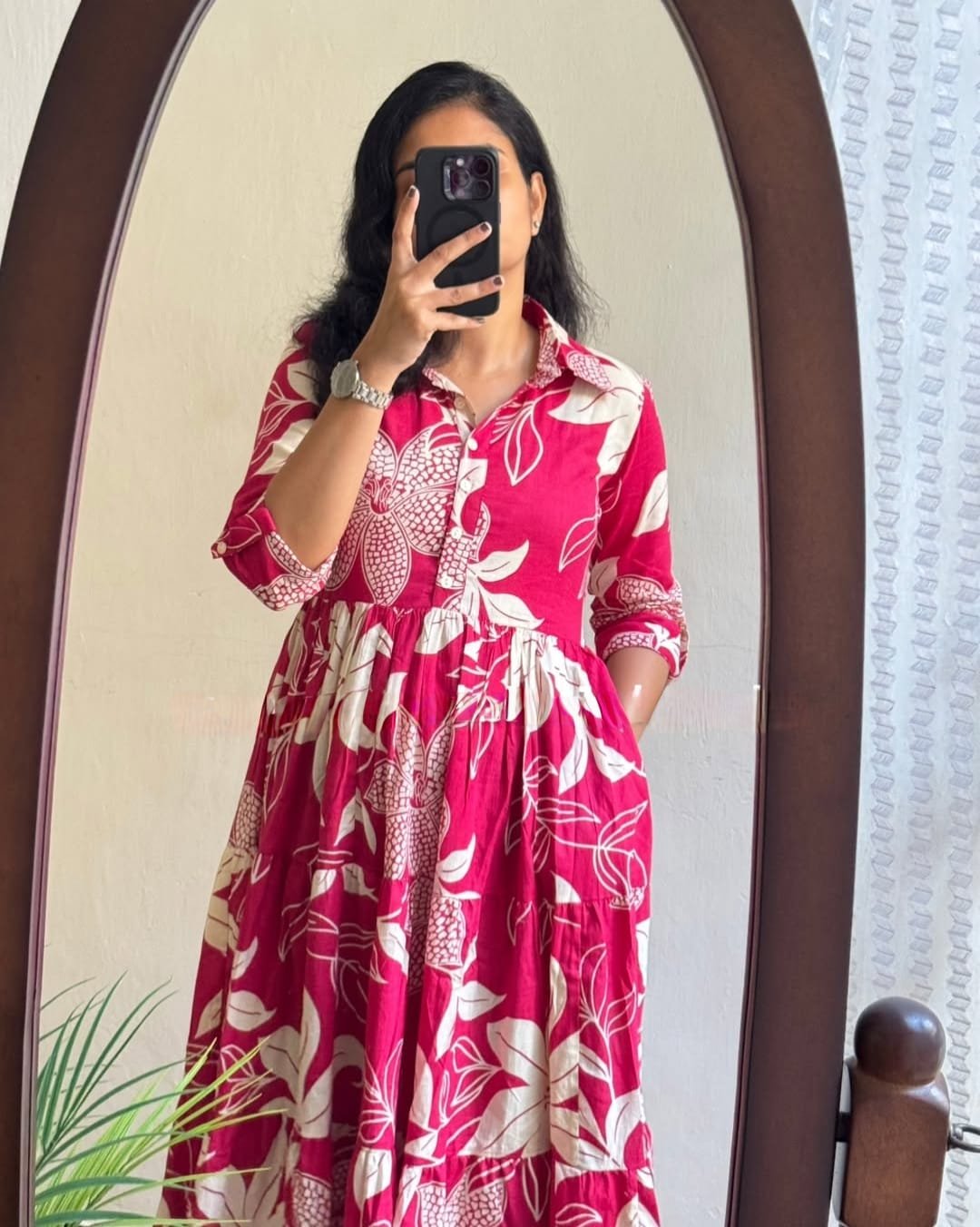 Pink Printed Cotton Midi Gown Dress